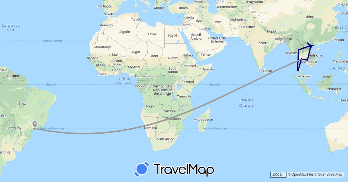 TravelMap itinerary: driving, plane in Brazil, Cambodia, Thailand, Vietnam (Asia, South America)